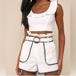 White Ruffle Linen Blend Crop Top and Shorts Set